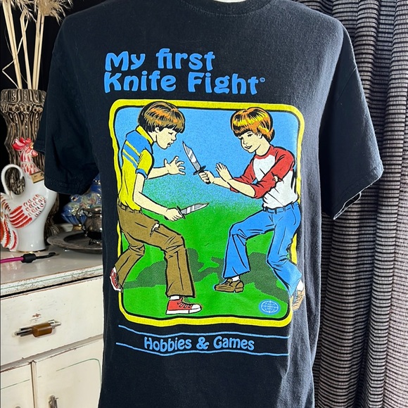 STEVEN RHODES My First Knife Fight Graphic Black T-Shirt Retro Pulp Horror - Picture 7 of 7